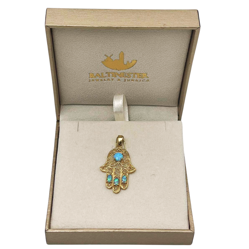 14k Gold Blue Opals Hamsa Pendant