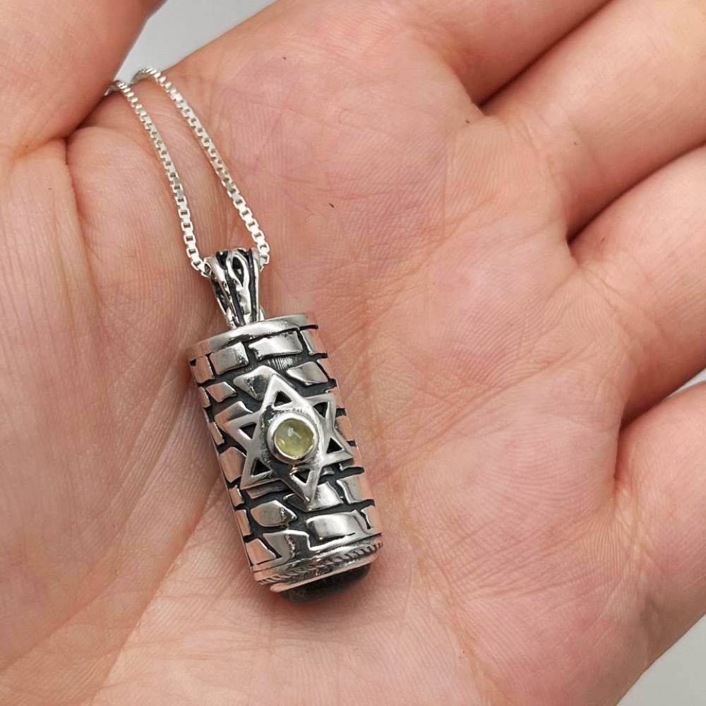 Sterling Silver Star of David Mezuzah Pendant Necklace with Garnet and Chrysoberyl Stones