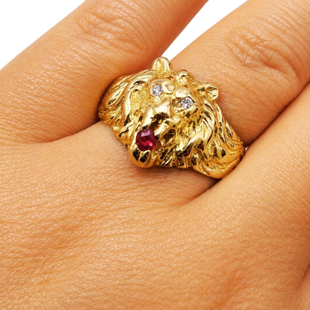 Diamond Lion of Judah Ruby Ring in 14k Yellow Gold