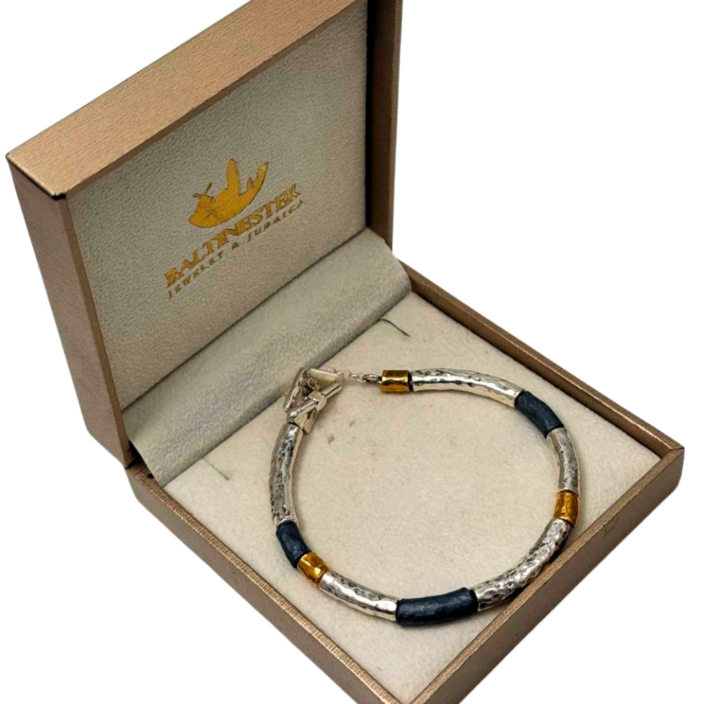 Lightweight Israeli Silver Bracelet – Oxidized Silver & Gold Plated Hammered Jewelry