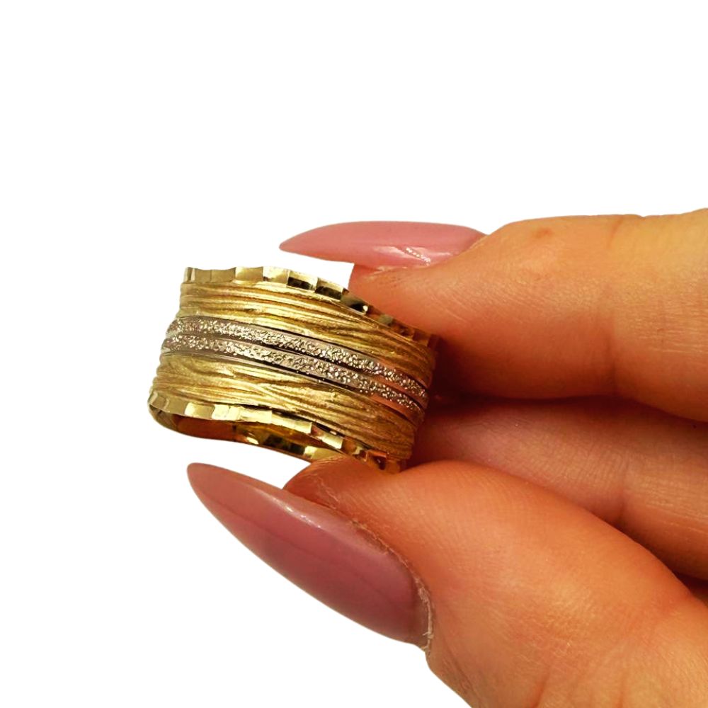 14K Two-Tone Gold Textured Wide Band Ring