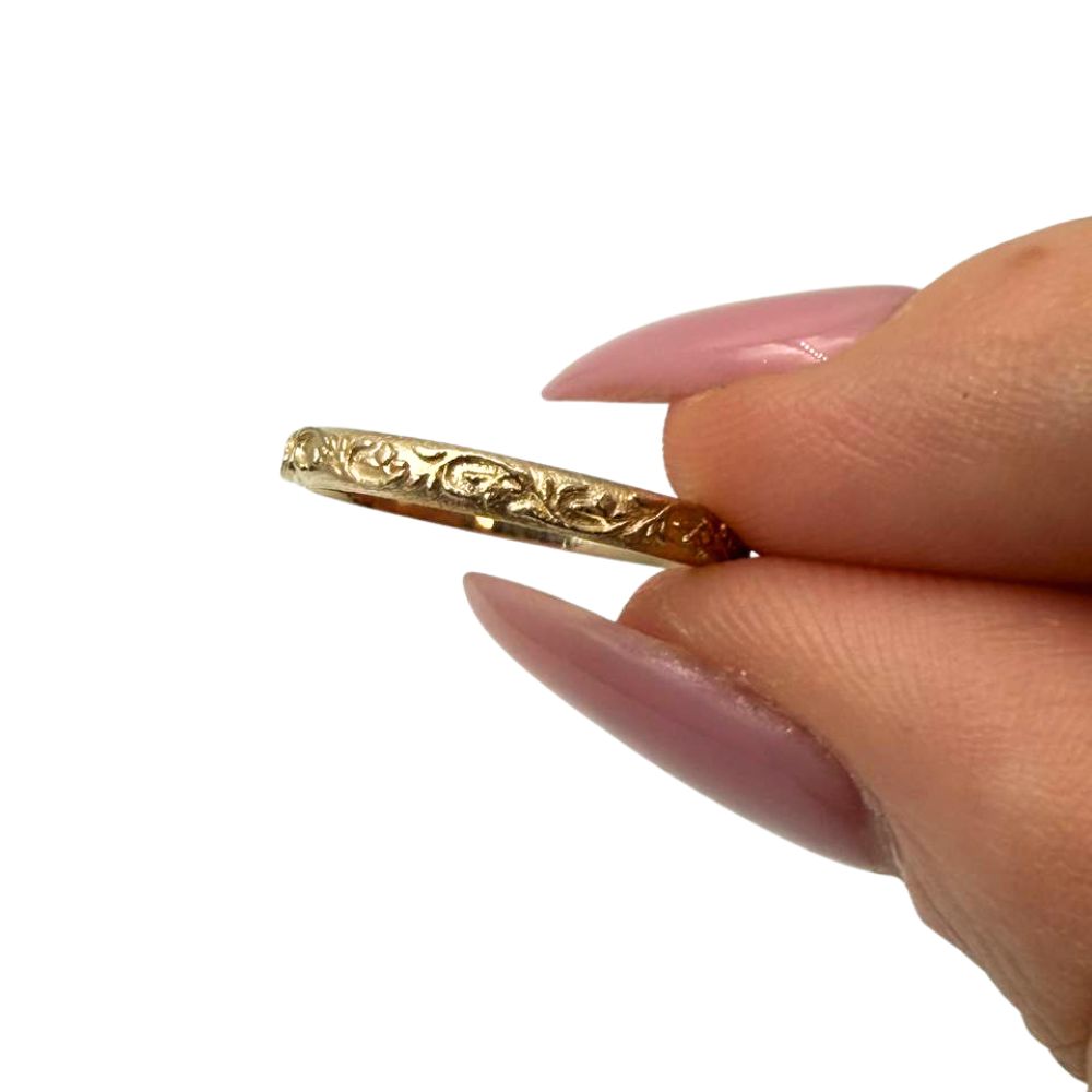 14K Solid Gold Floral Engraved Ring Vintage-Inspired Stackable