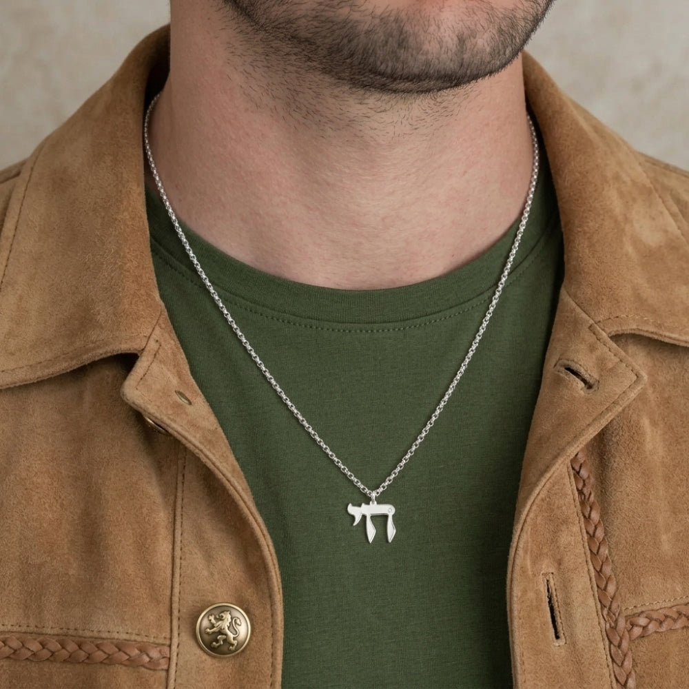 Diamond Chai Necklace for Men  Sterling Silver Jewish Life Pendant