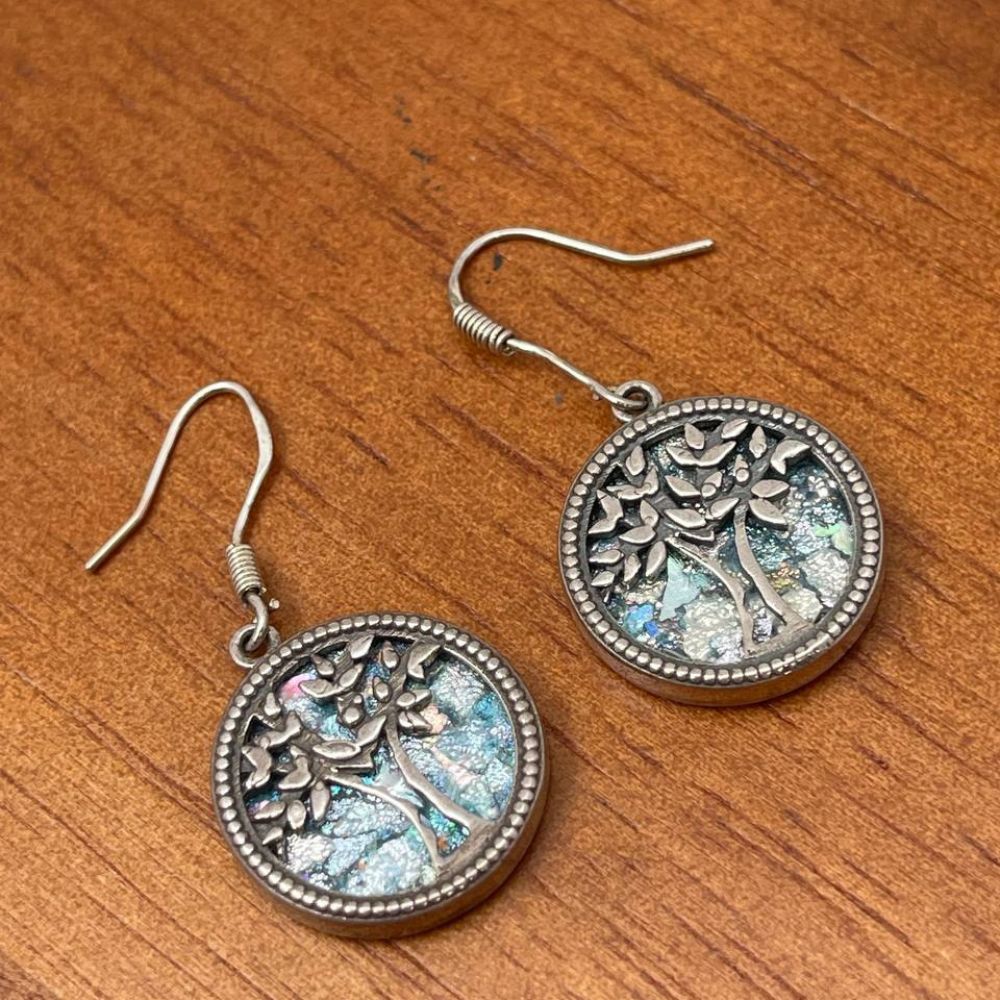 Tree of Life Earrings with Roman Glass in Sterling Silver