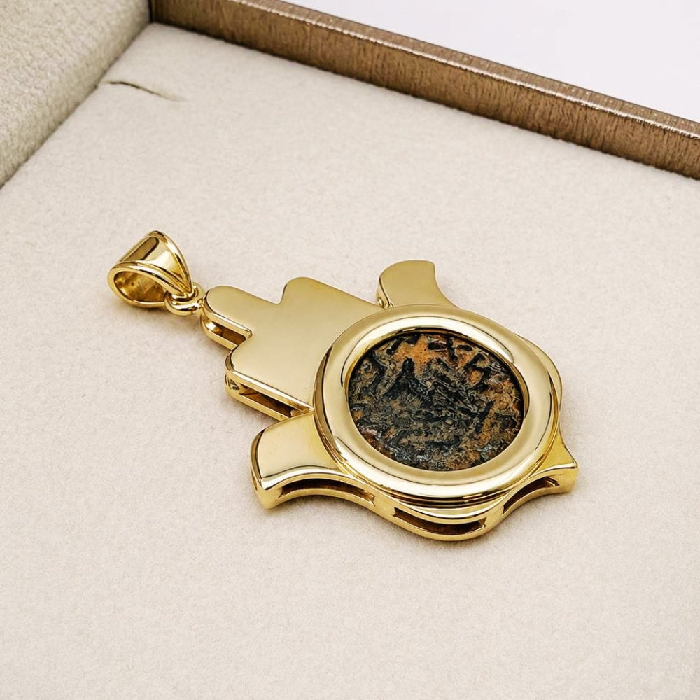 14k Gold Hamsa Pendant with Masada Coin