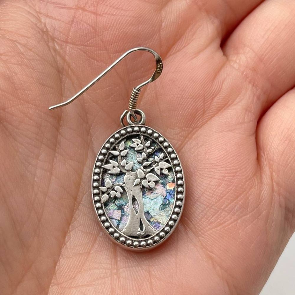 Oval Tree of Life Earrings with Roman Glass in Sterling Silver