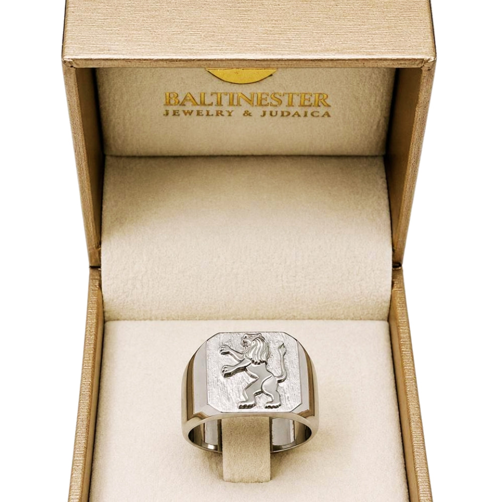 14K White Gold Lion of Judah Signet Ring Jewish Symbol Men's Statement Ring