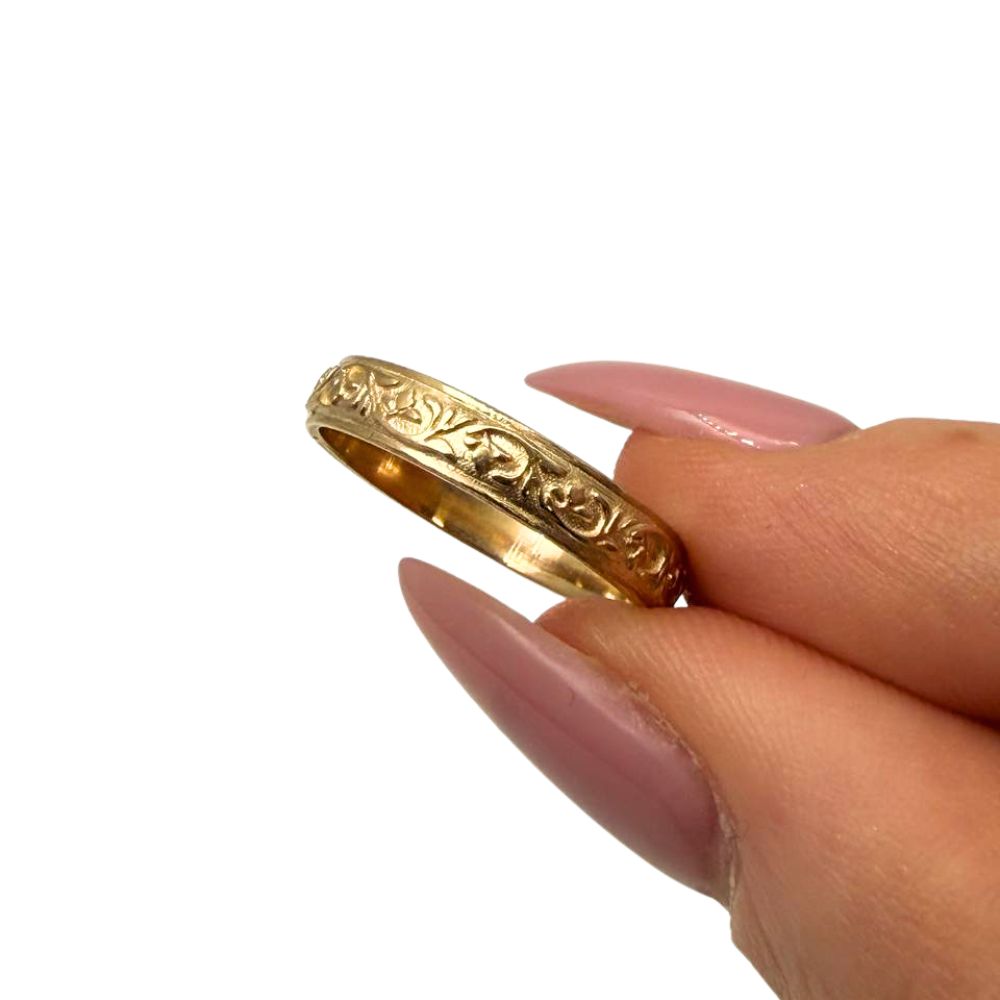 14K Yellow Gold Floral Engraved Wedding Band