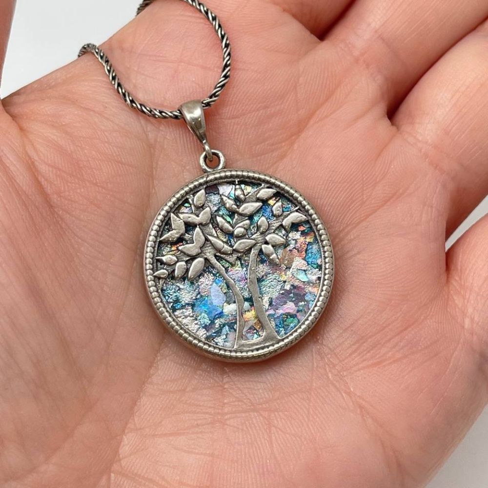 Tree of Life Necklace with Roman Glass in Sterling Silver
