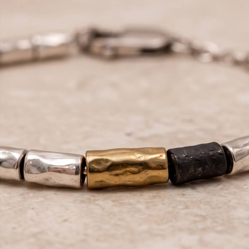 Handcrafted Mixed-Metal Israeli Beaded Bracelet – Sterling Silver, Oxidized Silver & Gold Plated Accent
