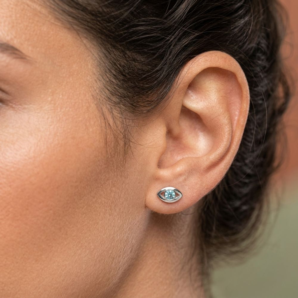 Sterling Silver Evil Eye Stud Earrings Swarovski Crystal Birthstone