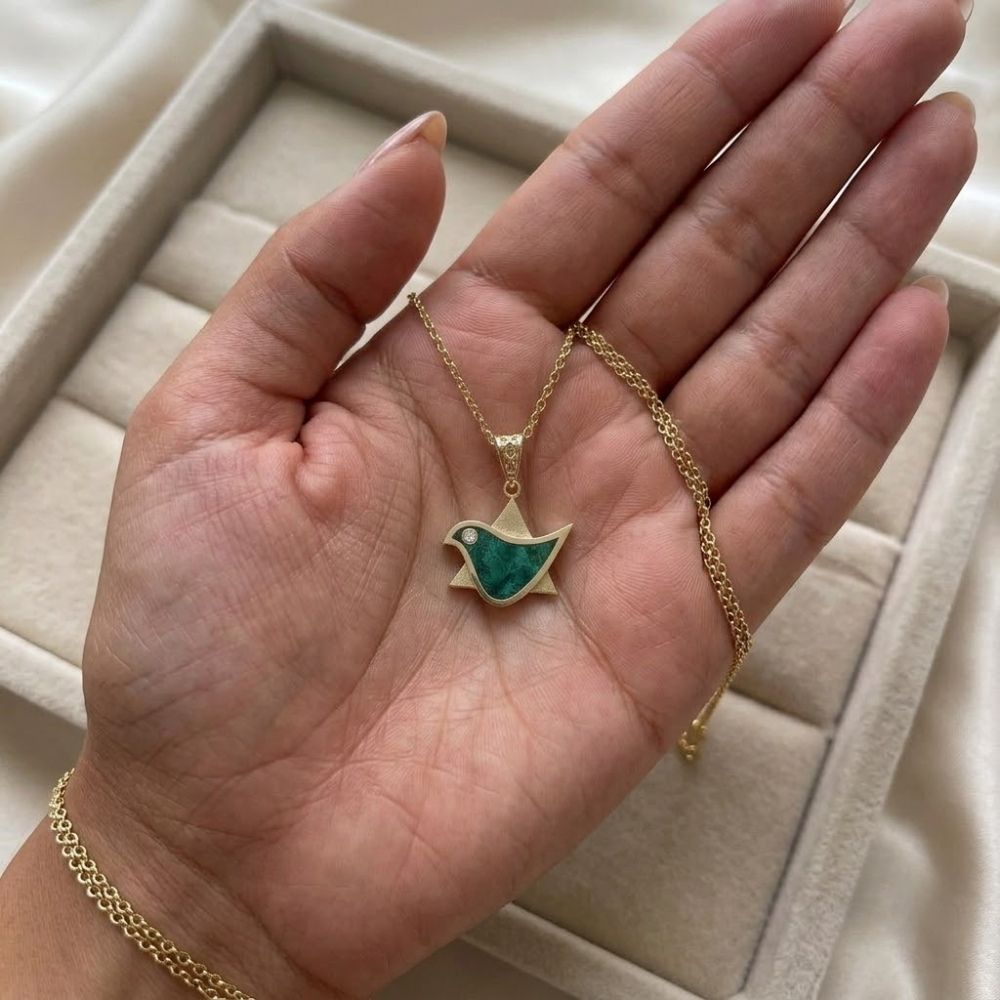 14K Gold Dove & Star of David Pendant with Natural Diamond & Eilat Stone