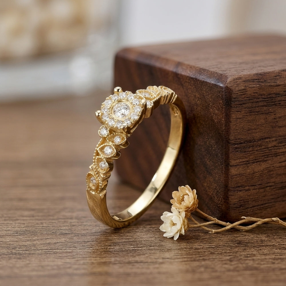 Vintage Inspired Diamond Halo Engagement Ring in 14k Gold