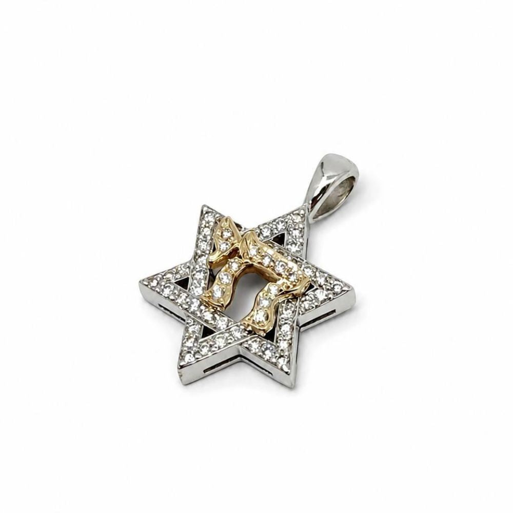 14K Two-Tone Gold Star of David & Chai Diamond Pendant