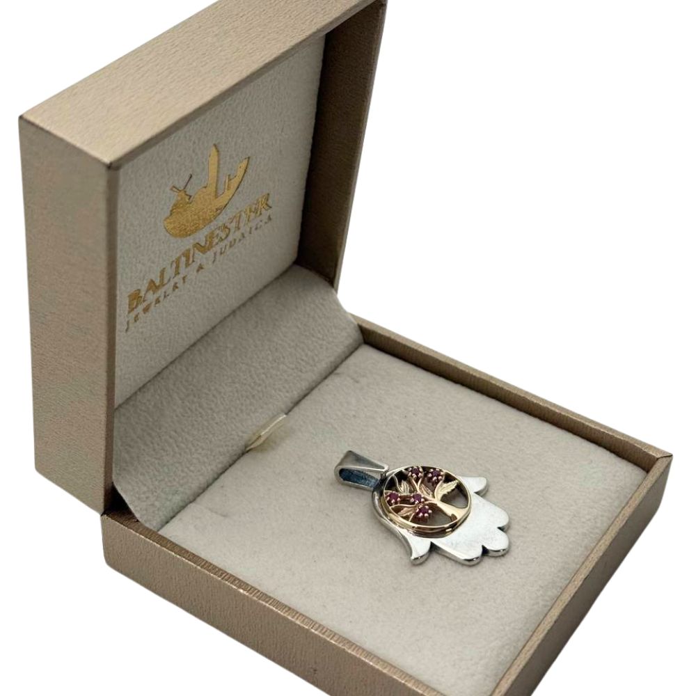 Sterling Silver & Gold Hamsa Tree of Life Pendant Necklace with Genuine Rubies