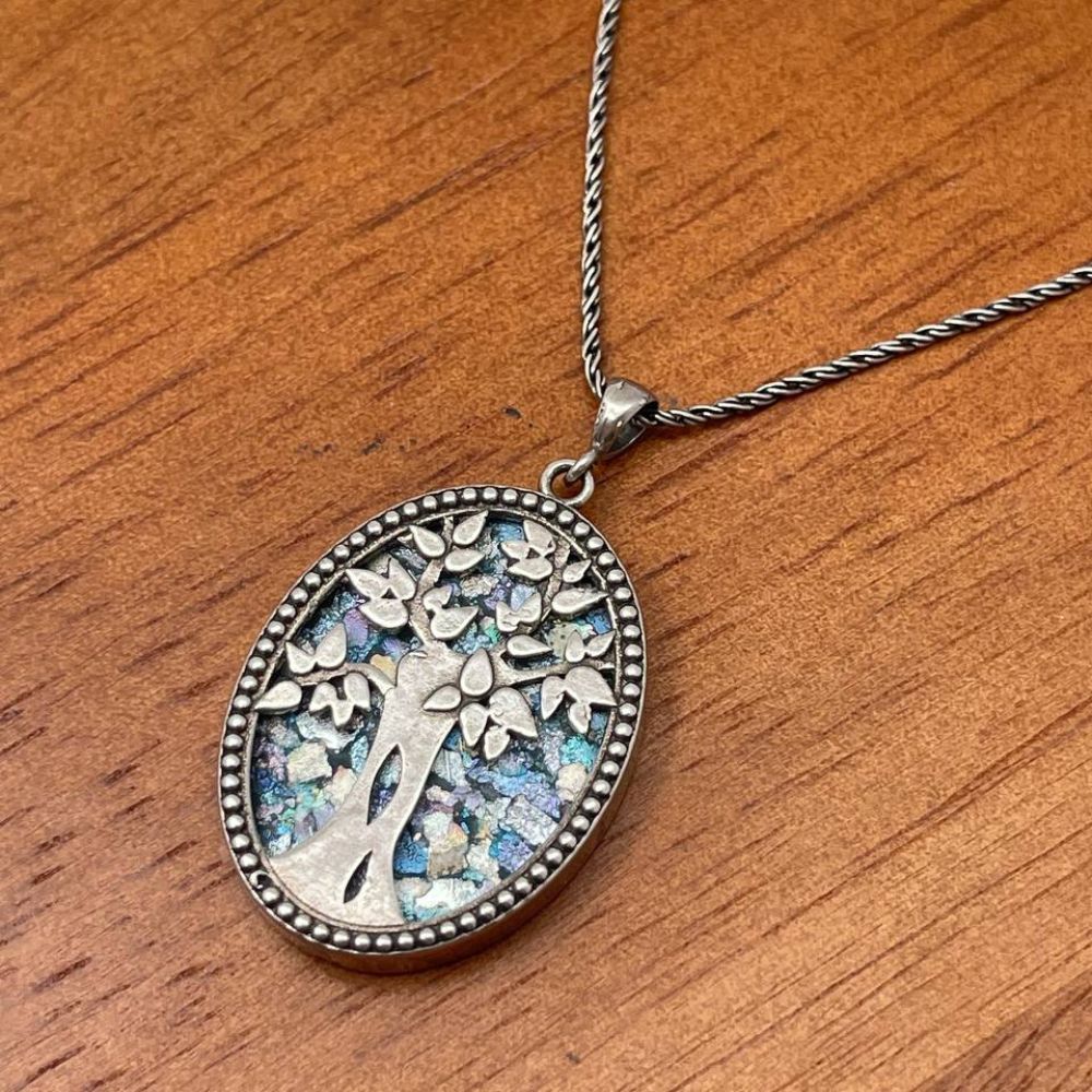 Tree of Life Necklace with Roman Glass in Sterling Silver Oval