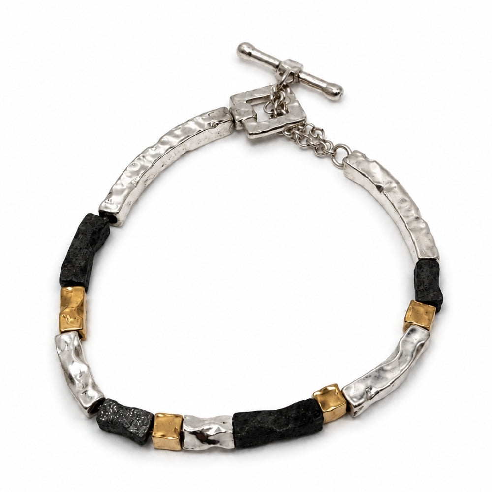 Handcrafted Israeli Mixed-Metal Bar Bracelet – Silver, Oxidized Silver & Gold Plated