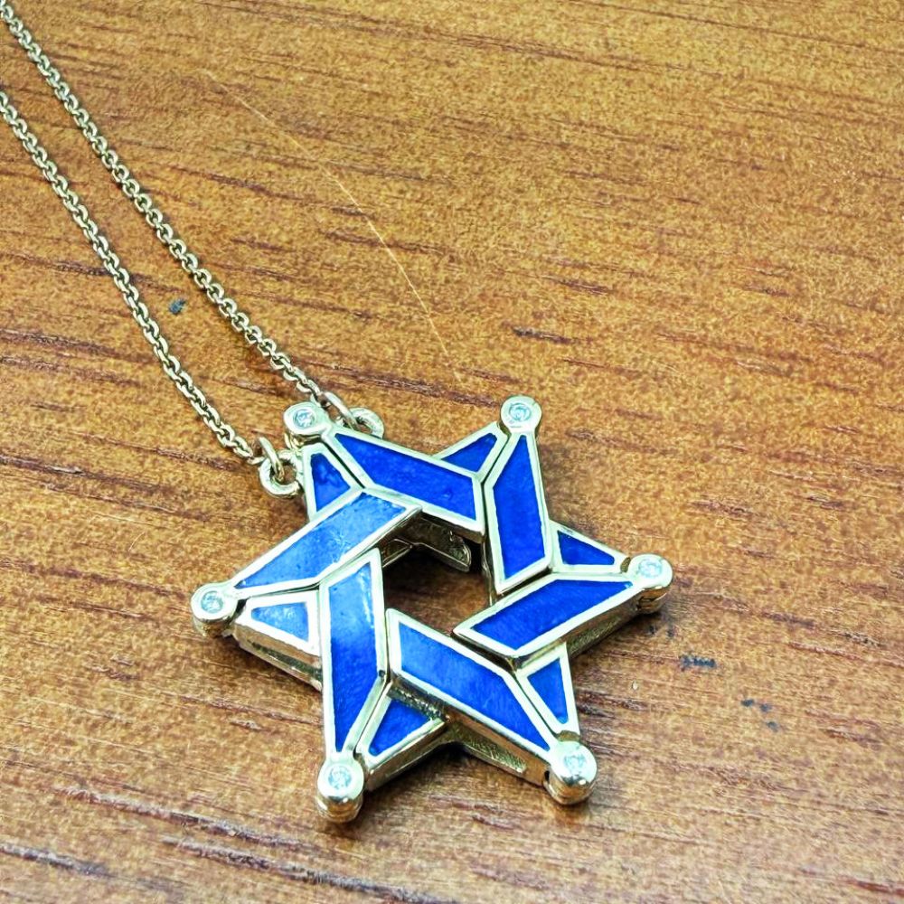 14K Gold Expandable Star of David Butterfly Necklace with Blue Enamel & Diamond