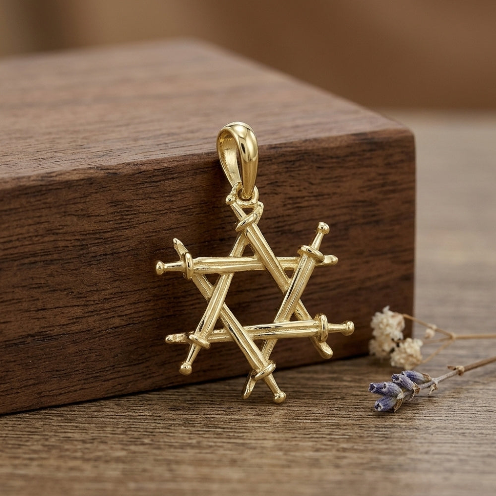 14K Solid Gold Iron Swords Star of David Pendant – Magen David Haravot Barzel Jewish Necklace