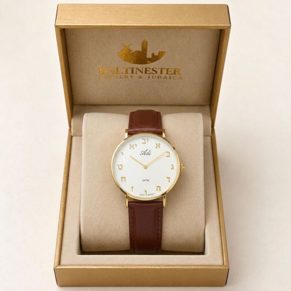 Women's Hebrew Letter Watch 35mm Gold Tone Case Brown Leather Strap