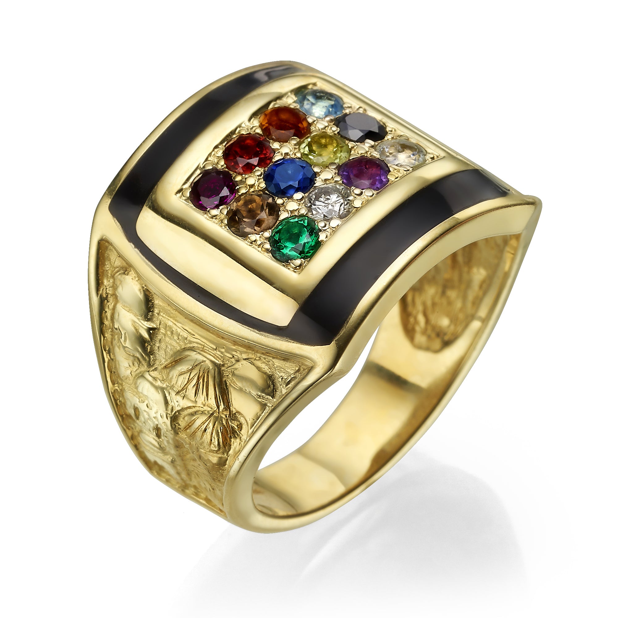 14K Yellow Gold and Black Enamel Hoshen Gems Jerusalem Ring