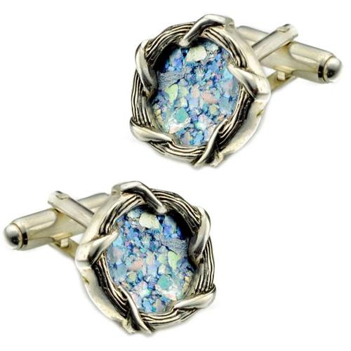 Sterling Silver Braided Roman Glass Cufflinks