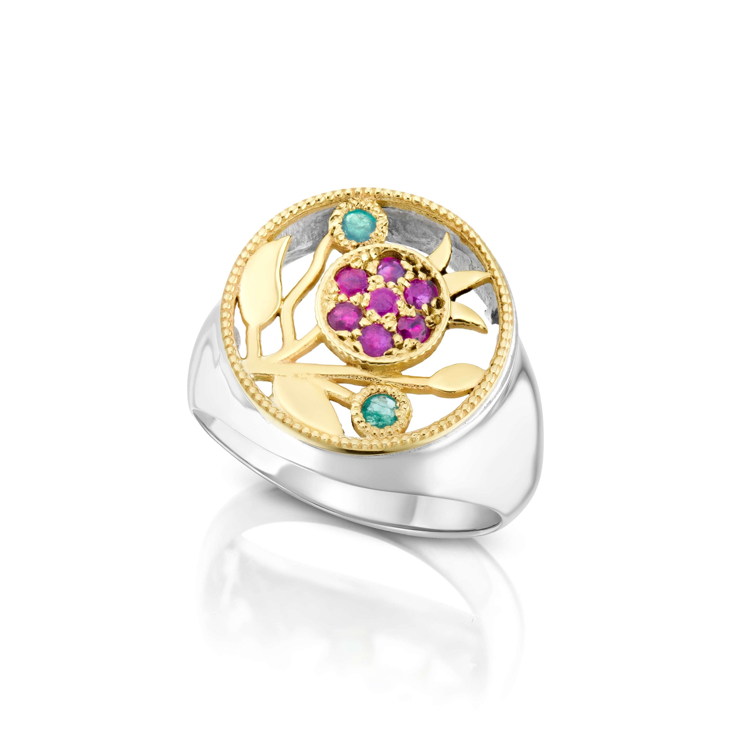 Pomegranate Ring in Silver and Gold with Rubies & Emeralds
