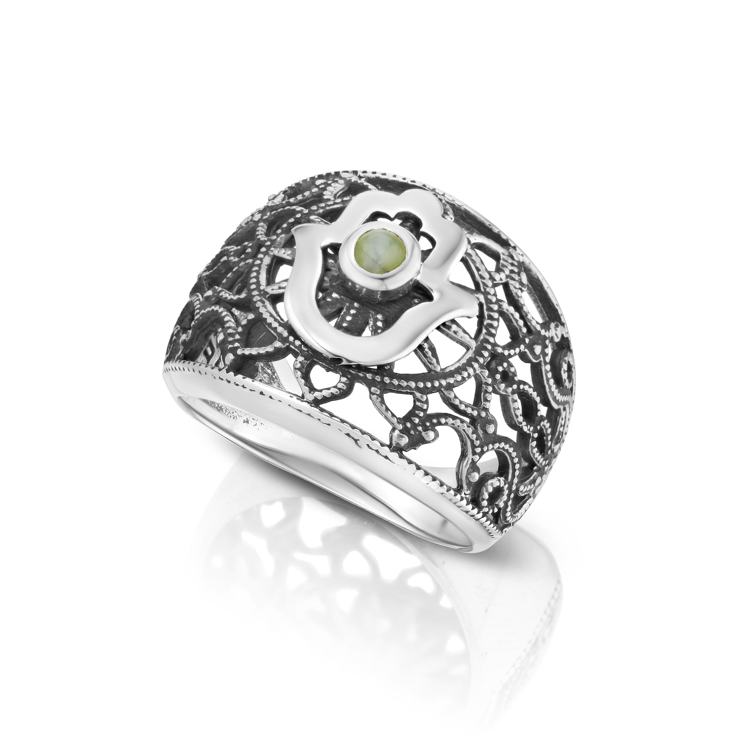Silver Filigree Cat's Eye Stone Hamsa Ring
