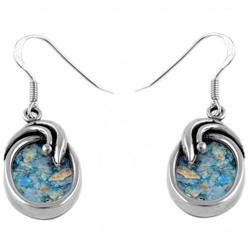 Roman Glass Oval Shaped Silver Earrings