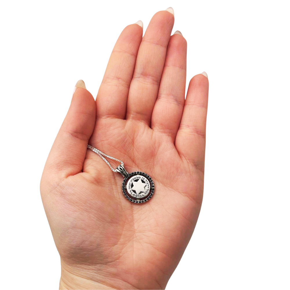 Kabbalah Angel Prayer Magen David Silver necklace with Black Zircons