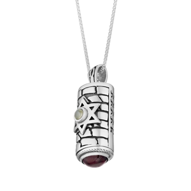 Sterling Silver Star of David Mezuzah Pendant Necklace with Garnet and Chrysoberyl Stones