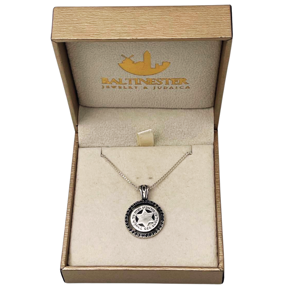 Kabbalah Angel Prayer Magen David Silver necklace with Black Zircons