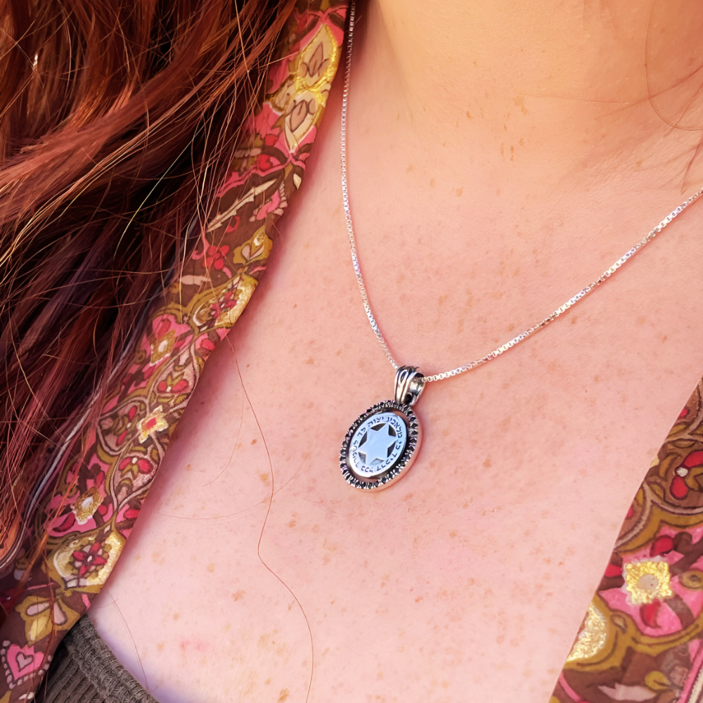 Kabbalah Angel Prayer Magen David Silver necklace with Black Zircons
