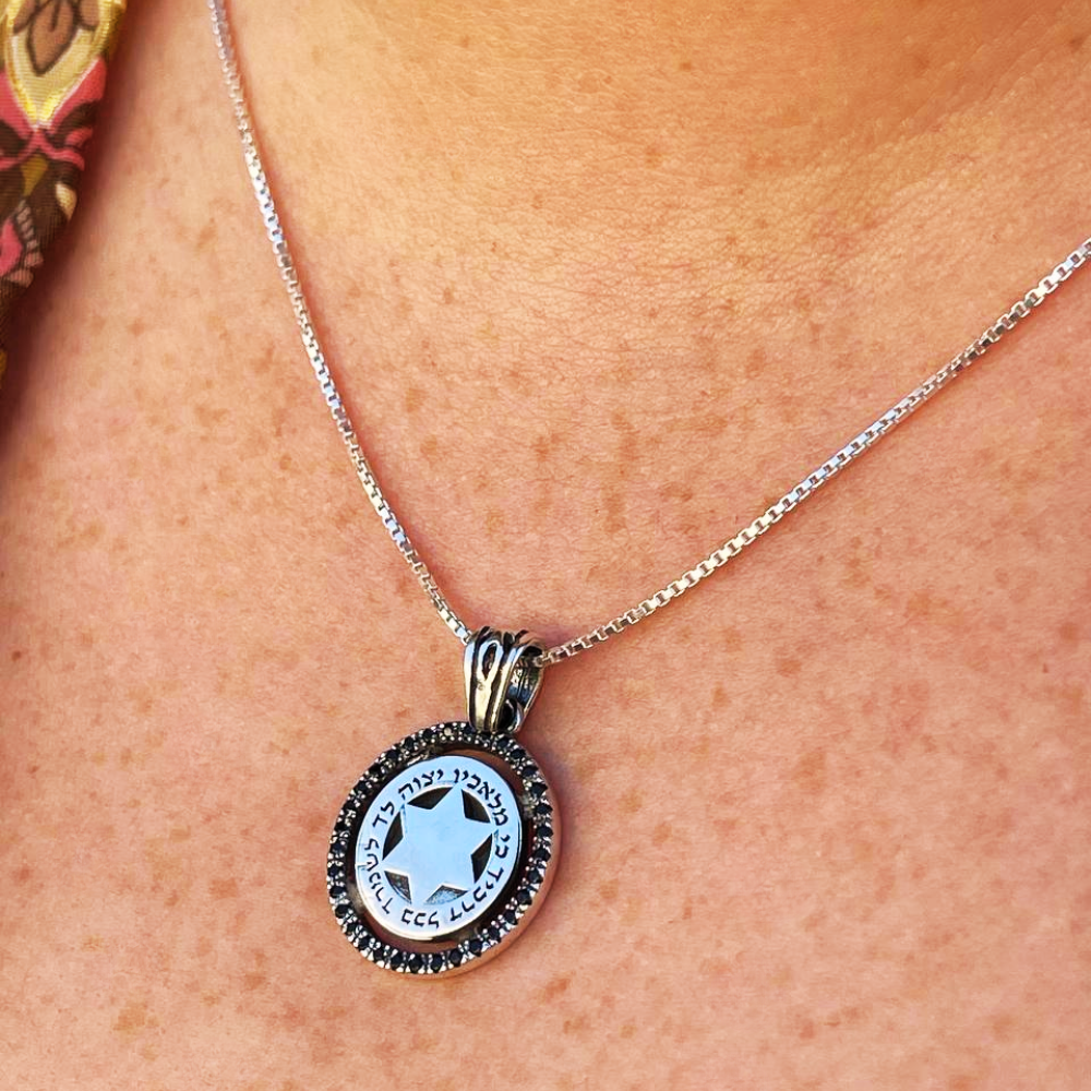 Kabbalah Angel Prayer Magen David Silver necklace with Black Zircons