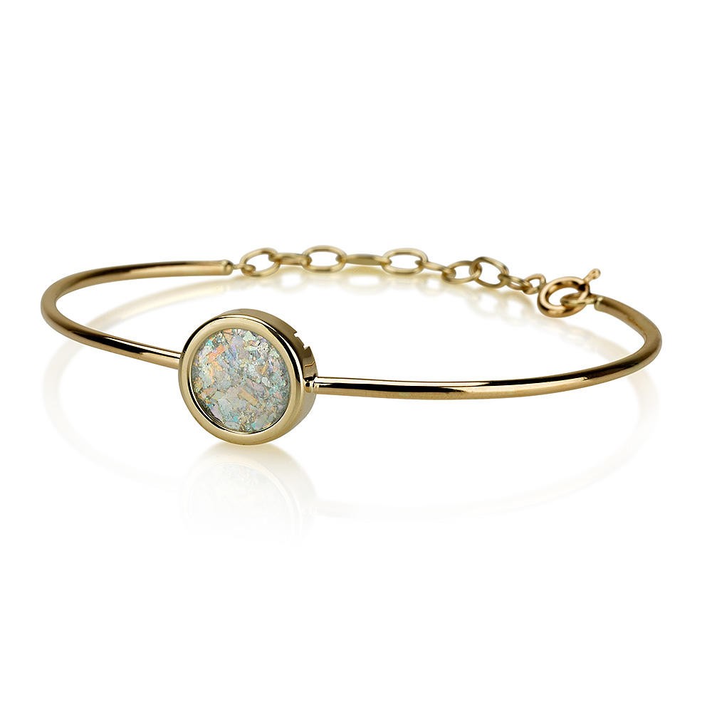 14K Yellow Gold Bracelet with Round Framed Roman Glass