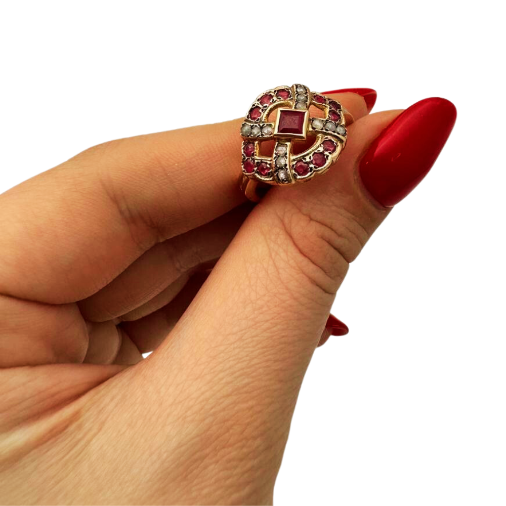 Vintage Style Rubies and Old Cut Diamonds 14k Rose Gold Ring