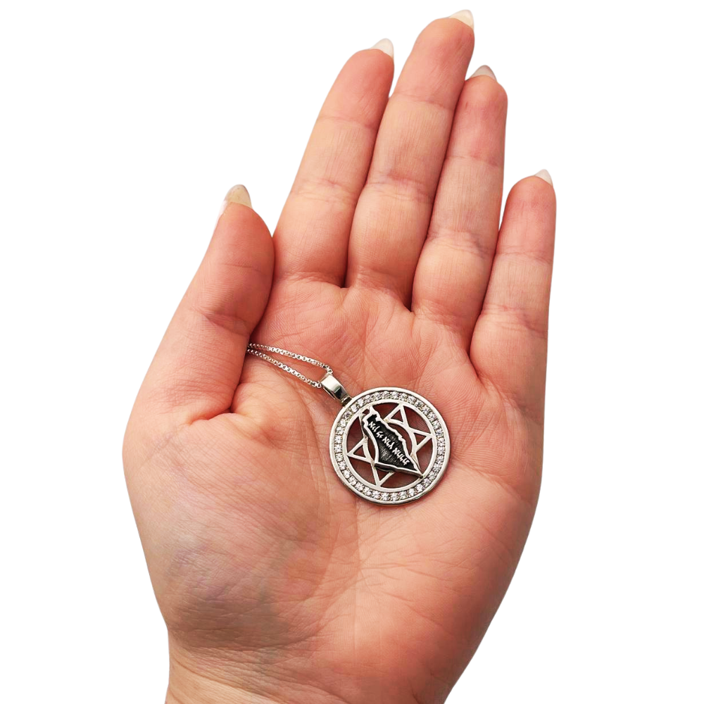 Am Israel Chai, Star of David and Israel Map Silver Kabbalah Necklace with Zircons