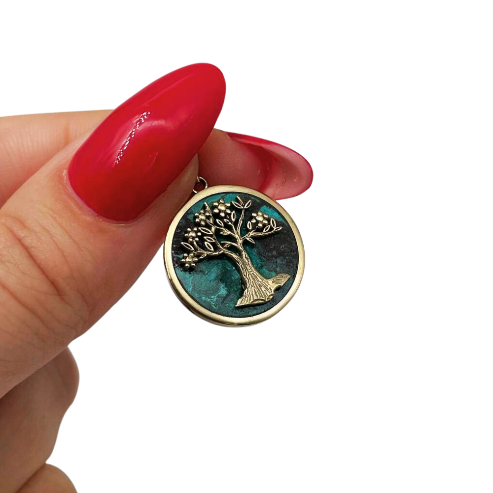 Tree of Life Round Pendant with Eilat Stone in 14K Gold
