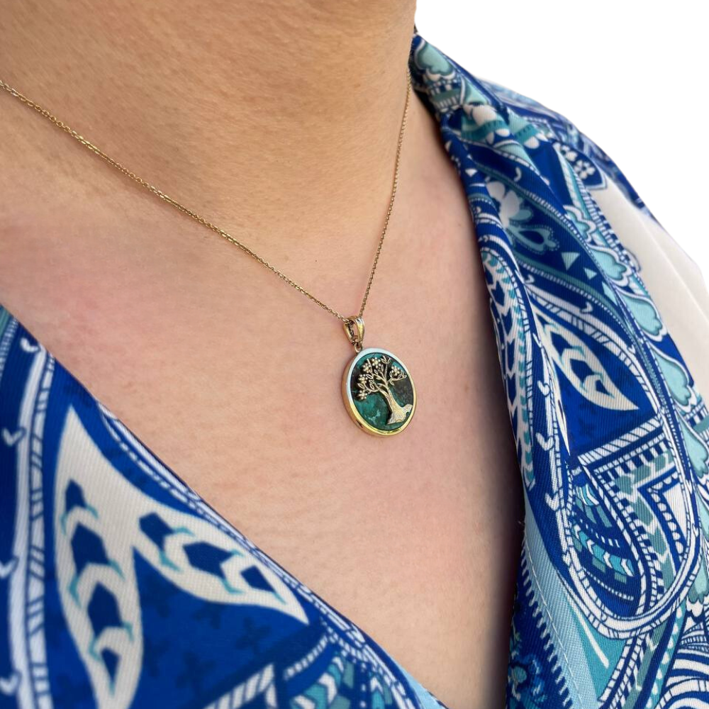 Tree of Life Round Pendant with Eilat Stone in 14K Gold