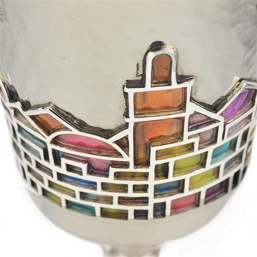 Kiddush Cup - Enamel Rainbow Jerusalem Hammered Silver Stem