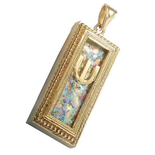 14k Gold Yemenite Roman Glass Mezuzah Pendant