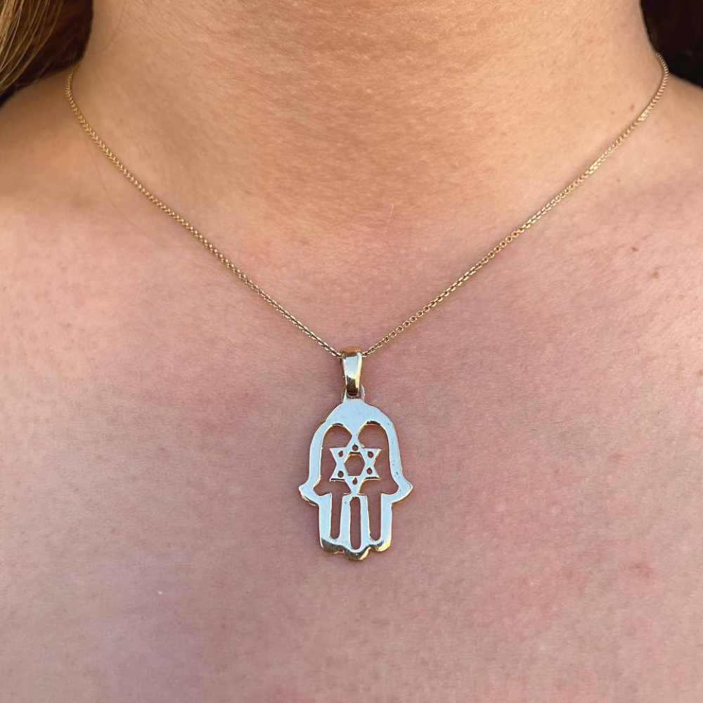 Hamsa Hand Star of David Pendant - 14k Gold