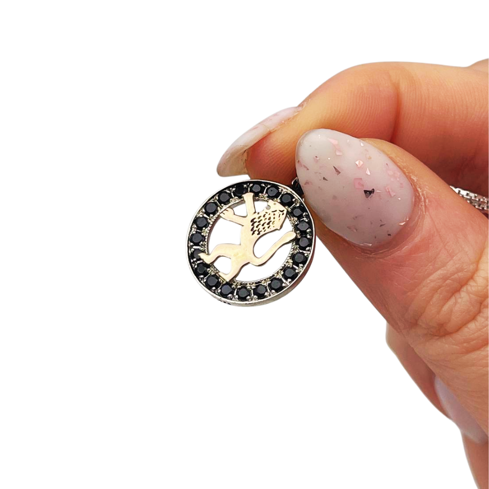 Lion of Judah Round Necklace in 9K Gold, Silver and Black Zircons