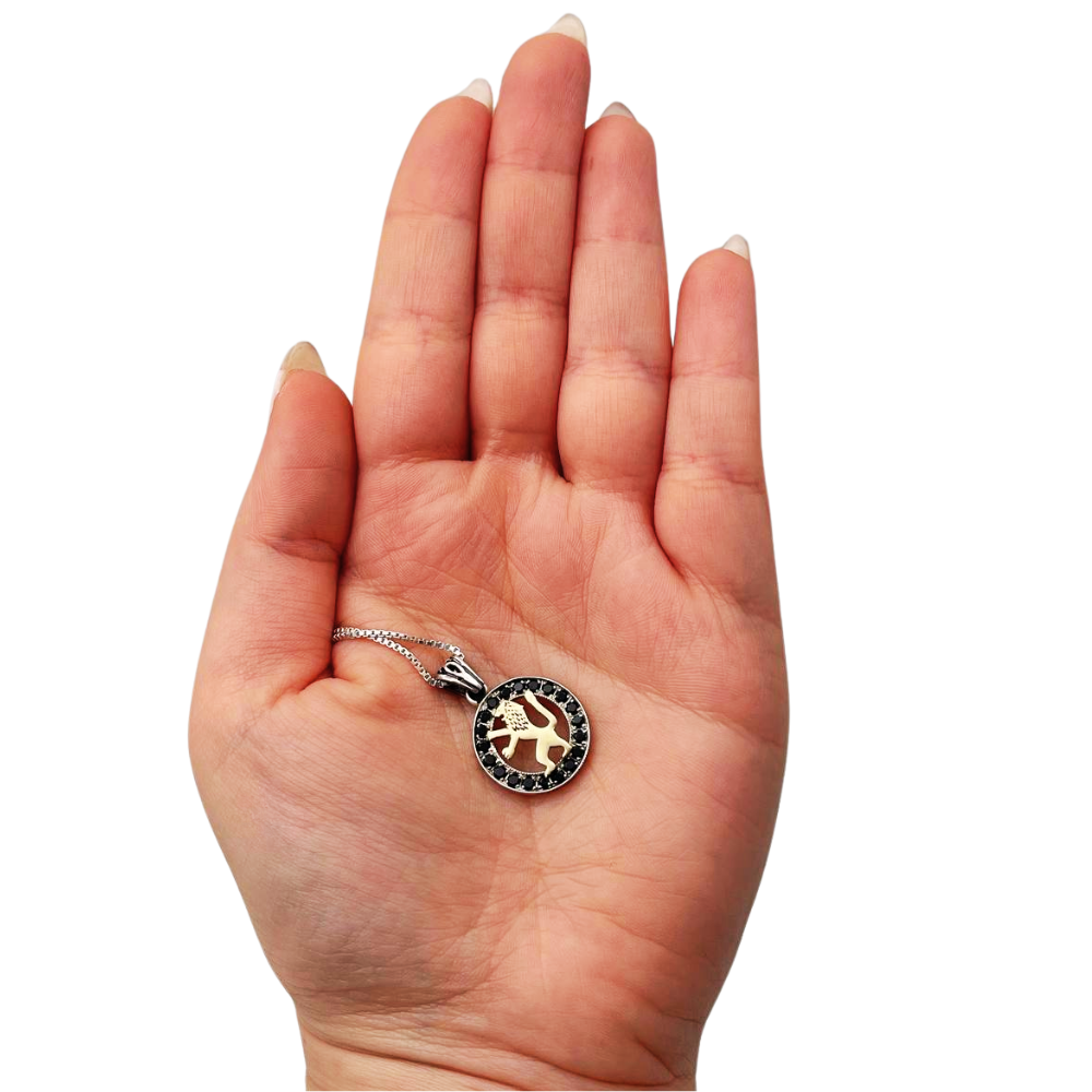 Lion of Judah Round Necklace in 9K Gold, Silver and Black Zircons