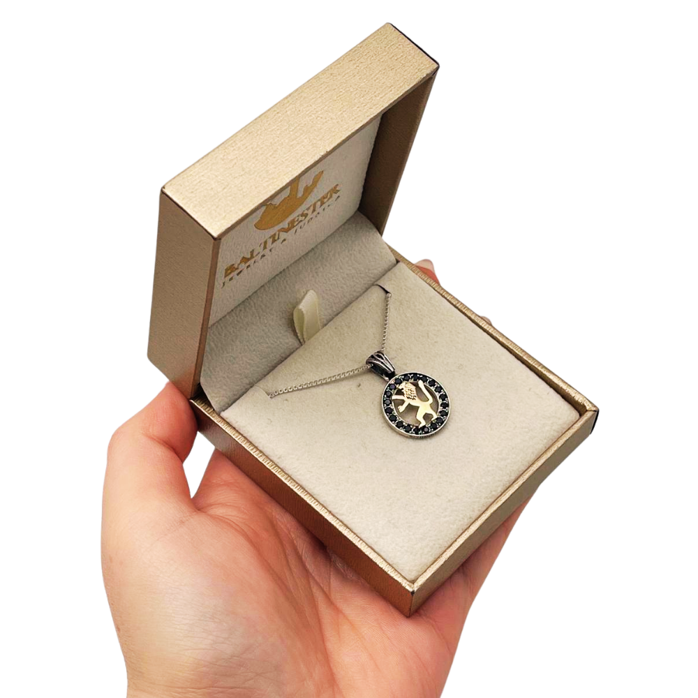 Lion of Judah Round Necklace in 9K Gold, Silver and Black Zircons