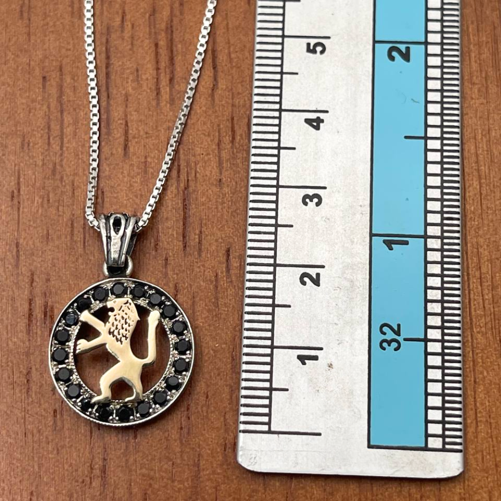 Lion of Judah Round Necklace in 9K Gold, Silver and Black Zircons