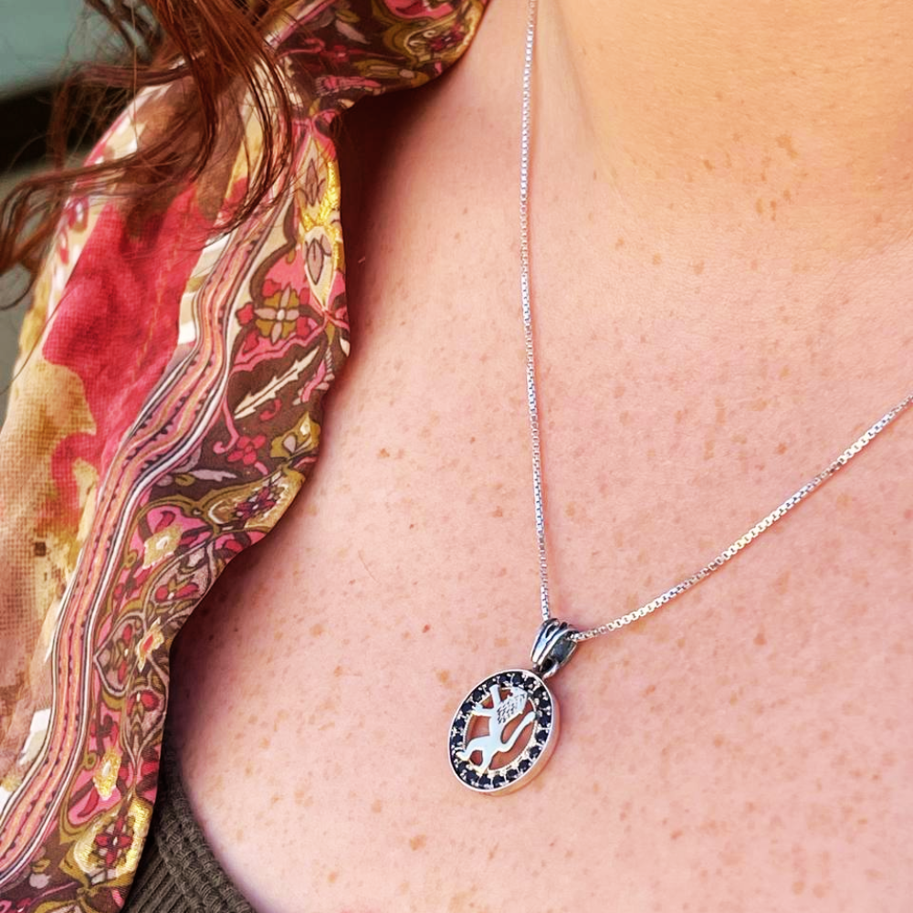 Lion of Judah Round Necklace in 9K Gold, Silver and Black Zircons