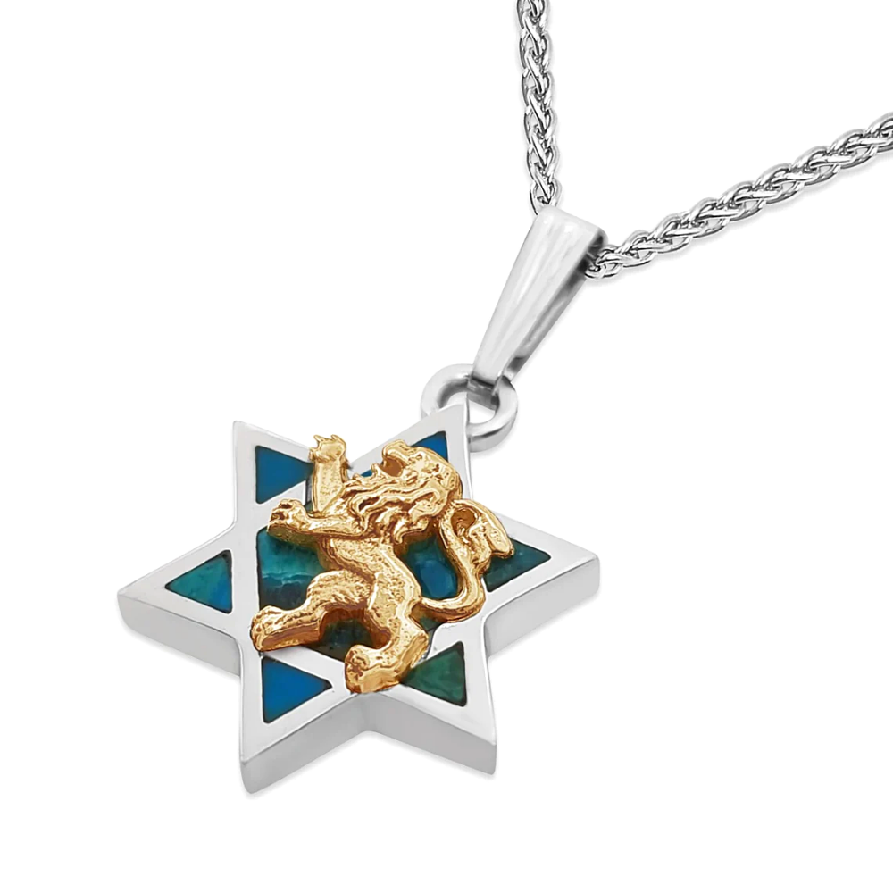 Star of David Eilat Stone & Lion of Judah Necklace in Silver and Gold