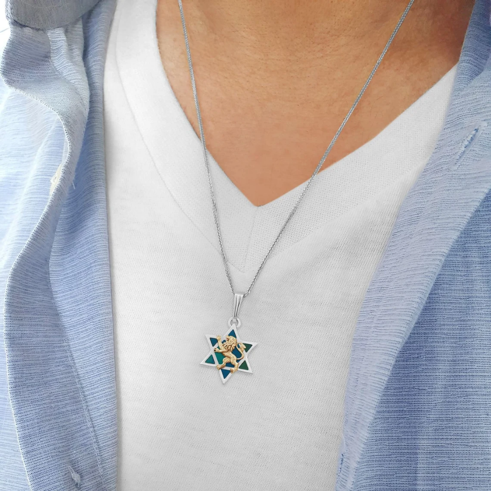 Star of David Eilat Stone & Lion of Judah Necklace in Silver and Gold
