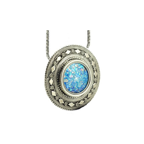 Sterling Silver Round Yemenite Roman Glass Necklace Cum Brooch